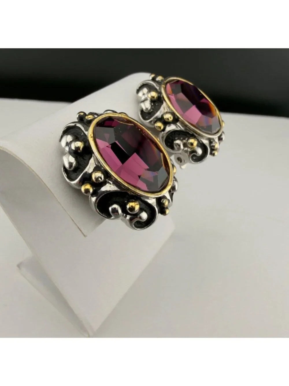 Vintage Clip On Earrings Rhinestone Two Tone Chunky Statement Purple Glass